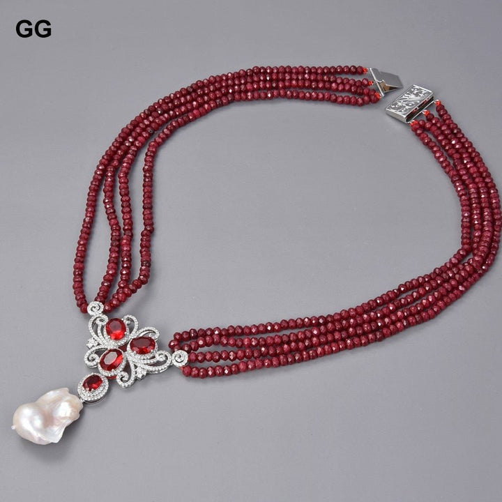GuaiGuai Jewelry 19” 4 Strands Red Jade Gems Stone Necklace White Keshi Pearl CZ Pave Pendant - LeisFita.com