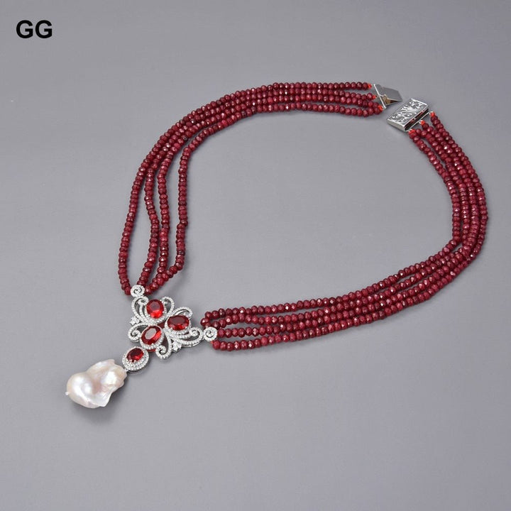 GuaiGuai Jewelry 19” 4 Strands Red Jade Gems Stone Necklace White Keshi Pearl CZ Pave Pendant - LeisFita.com