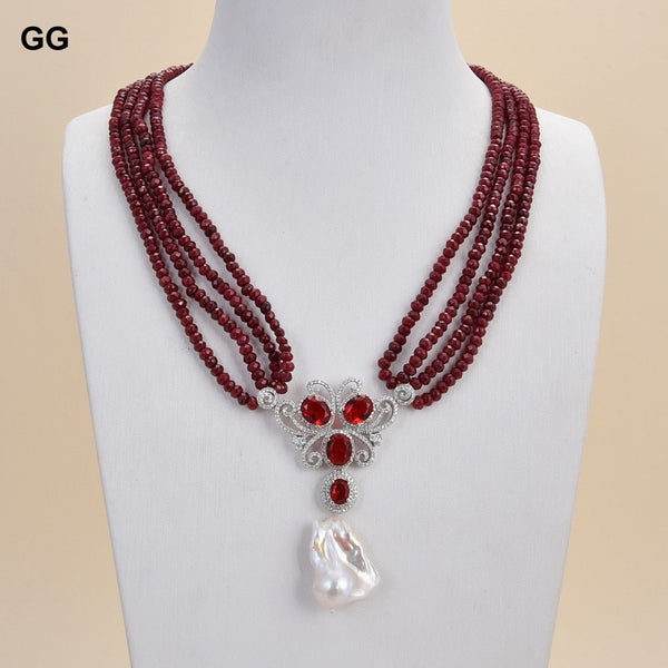 GuaiGuai Jewelry 19” 4 Strands Red Jade Gems Stone Necklace White Keshi Pearl CZ Pave Pendant - LeisFita.com