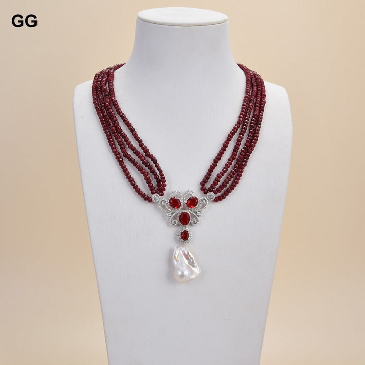 GuaiGuai Jewelry 19” 4 Strands Red Jade Gems Stone Necklace White Keshi Pearl CZ Pave Pendant - LeisFita.com