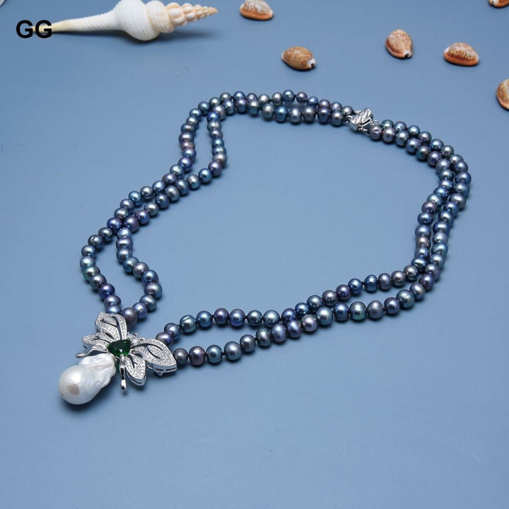 GuaiGuai Jewelry 19&#39;&#39; 2 Rows Black Pearl Necklace CZ Keshi Pearl Pendant - LeisFita.com