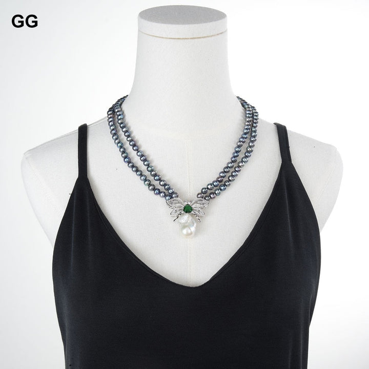 GuaiGuai Jewelry 19&#39;&#39; 2 Rows Black Pearl Necklace CZ Keshi Pearl Pendant - LeisFita.com