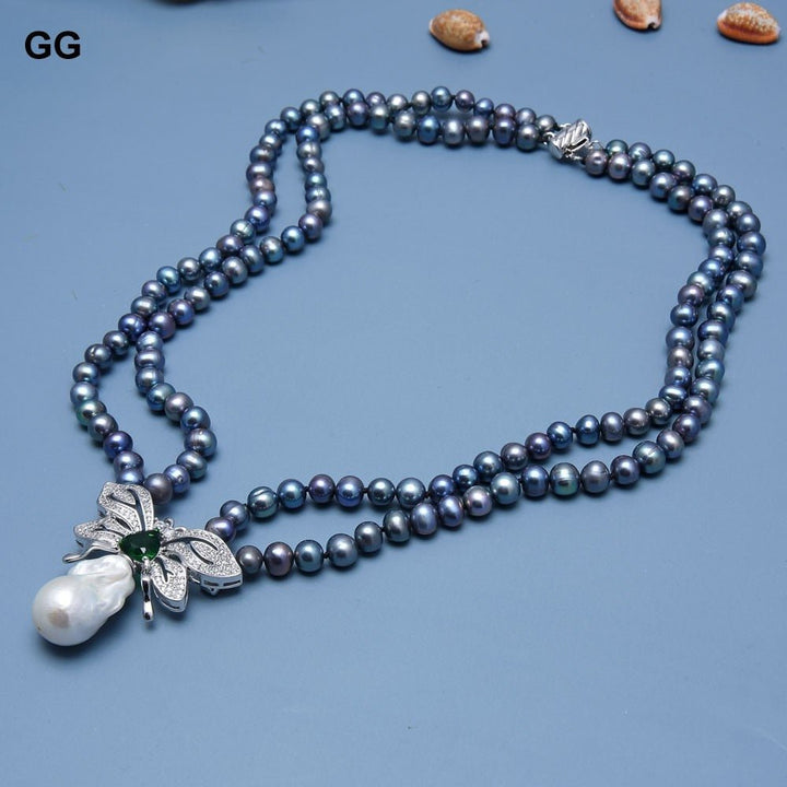 GuaiGuai Jewelry 19&#39;&#39; 2 Rows Black Pearl Necklace CZ Keshi Pearl Pendant - LeisFita.com