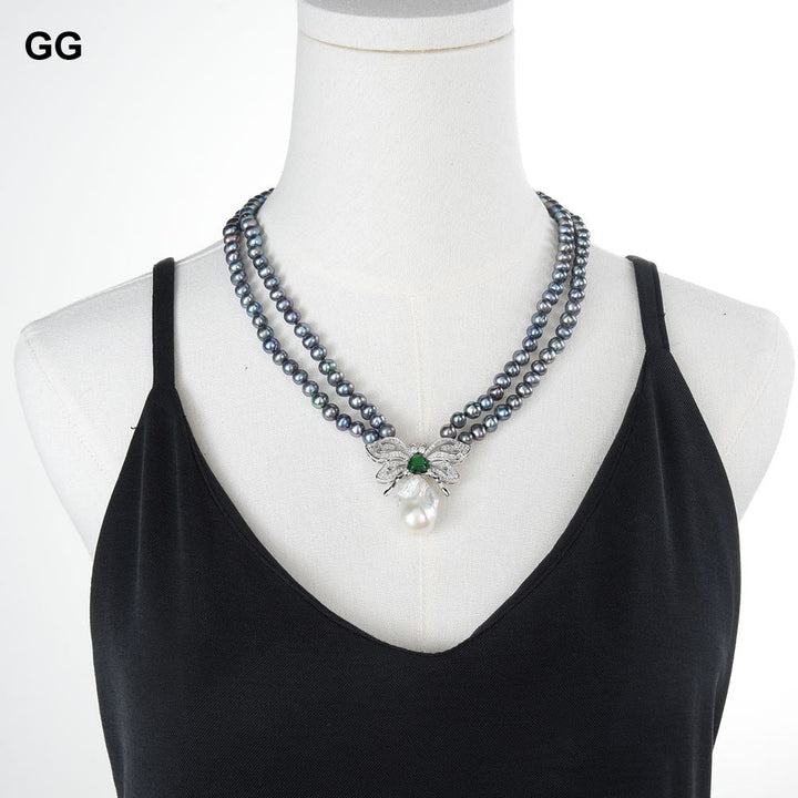 GuaiGuai Jewelry 19&#39;&#39; 2 Rows Black Pearl Necklace CZ Keshi Pearl Pendant - LeisFita.com