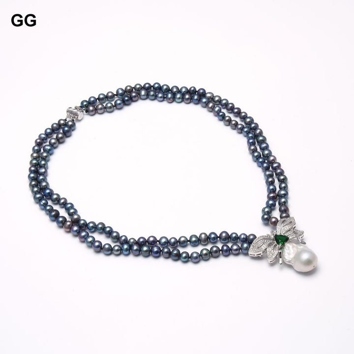 GuaiGuai Jewelry 19&#39;&#39; 2 Rows Black Pearl Necklace CZ Keshi Pearl Pendant - LeisFita.com