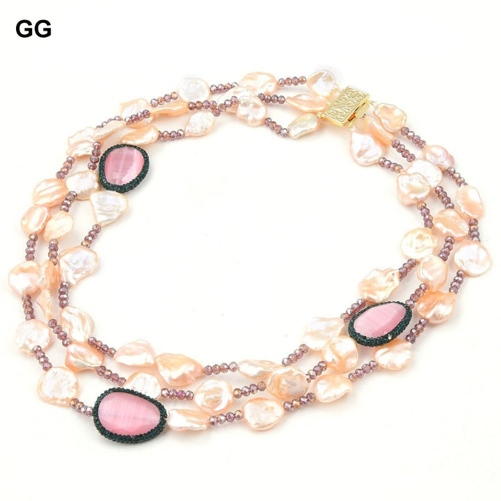 GuaiGuai Jewelry 19&#39;&#39; 3 Strands Keshi Pearl Pink Cat Eye Crystal Necklace For Women - LeisFita.com