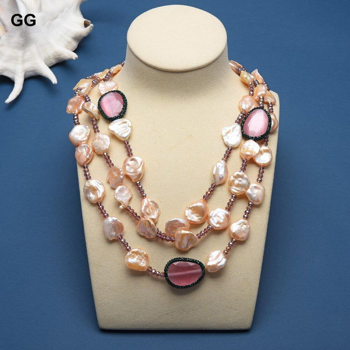 GuaiGuai Jewelry 19&#39;&#39; 3 Strands Keshi Pearl Pink Cat Eye Crystal Necklace For Women - LeisFita.com