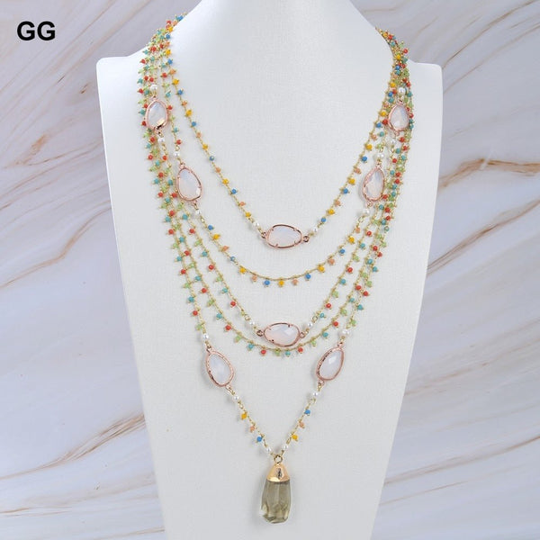 GuaiGuai Jewelry 19&#39;&#39; 5 Rows White Pearl Multi Color Crystal Chain Necklace Lemon Quartz Pendant - LeisFita.com