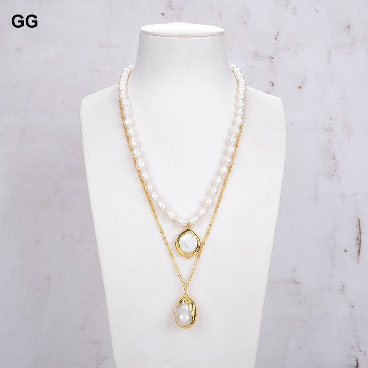 GuaiGuai Jewelry 19&#39;&#39; White Cultured Rice Pearl Chain Necklace White Keshi Pearl Pendant - LeisFita.com