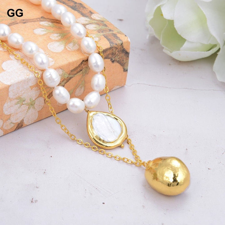 GuaiGuai Jewelry 19&#39;&#39; White Cultured Rice Pearl Chain Necklace White Keshi Pearl Pendant - LeisFita.com