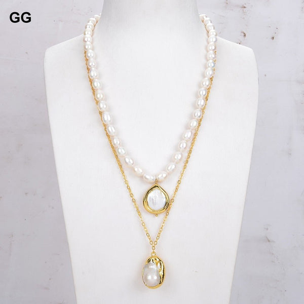 GuaiGuai Jewelry 19&#39;&#39; White Cultured Rice Pearl Chain Necklace White Keshi Pearl Pendant - LeisFita.com