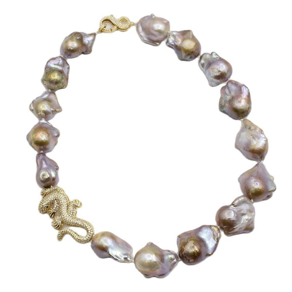 GuaiGuai Jewelry 19&quot; 16x23MM Purple Keshi Pearl CZ Lizard Connector Necklace For Women - LeisFita.com