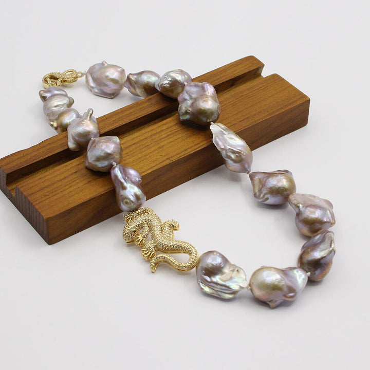 GuaiGuai Jewelry 19&quot; 16x23MM Purple Keshi Pearl CZ Lizard Connector Necklace For Women - LeisFita.com