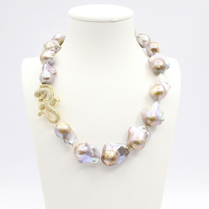GuaiGuai Jewelry 19&quot; 16x23MM Purple Keshi Pearl CZ Lizard Connector Necklace For Women - LeisFita.com
