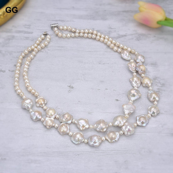GuaiGuai Jewelry 19&quot; 2 Rows Cultured White Flower Keshi Pearl Necklace Classic For Women - LeisFita.com