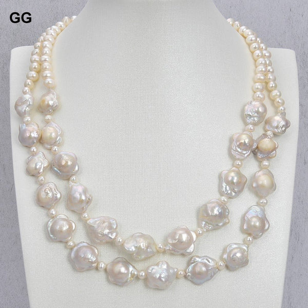 GuaiGuai Jewelry 19&quot; 2 Rows Cultured White Flower Keshi Pearl Necklace Classic For Women - LeisFita.com