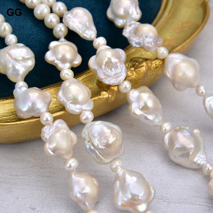 GuaiGuai Jewelry 19&quot; 2 Rows Cultured White Flower Keshi Pearl Necklace Classic For Women - LeisFita.com