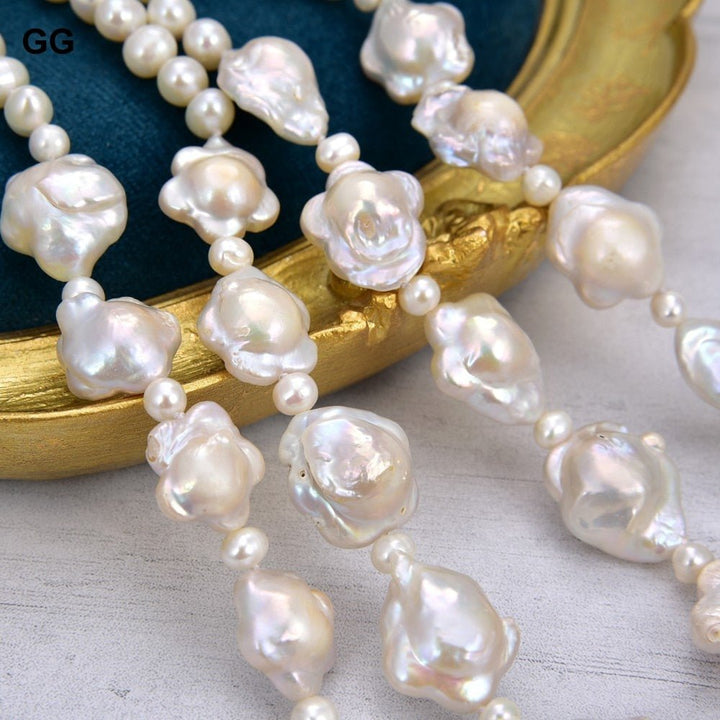 GuaiGuai Jewelry 19&quot; 2 Rows Cultured White Flower Keshi Pearl Necklace Classic For Women - LeisFita.com