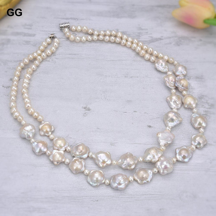 GuaiGuai Jewelry 19&quot; 2 Rows Cultured White Flower Keshi Pearl Necklace Classic For Women - LeisFita.com