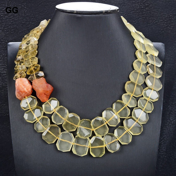 GuaiGuai Jewelry 19&quot; 2 Rows Natural Nugget Faceted Lemon Quartz Yellow Citrines Topaz Crystal Red Agate Necklace For Women - LeisFita.com