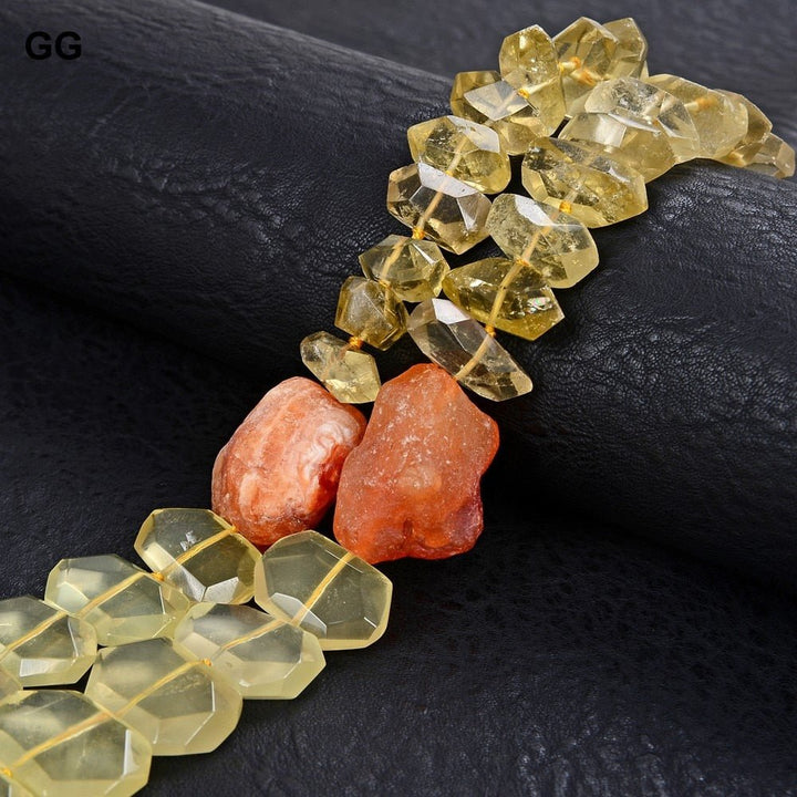 GuaiGuai Jewelry 19&quot; 2 Rows Natural Nugget Faceted Lemon Quartz Yellow Citrines Topaz Crystal Red Agate Necklace For Women - LeisFita.com