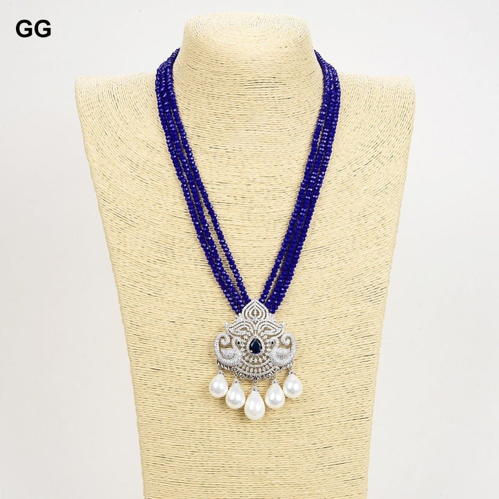 GuaiGuai Jewelry 19&quot; 3 Rows Blue Jades Necklace White Sea Shell Pearl CZ Pendant For Women - LeisFita.com