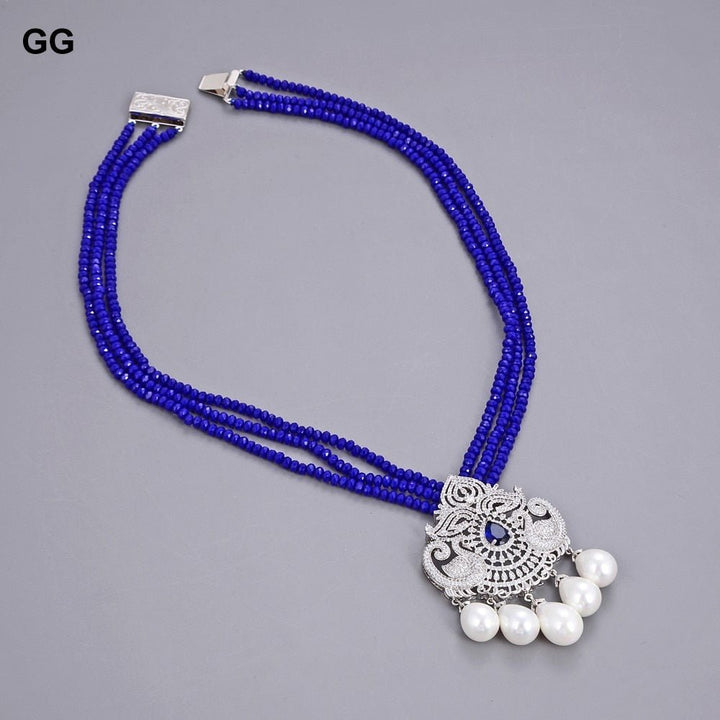GuaiGuai Jewelry 19&quot; 3 Rows Blue Jades Necklace White Sea Shell Pearl CZ Pendant For Women - LeisFita.com