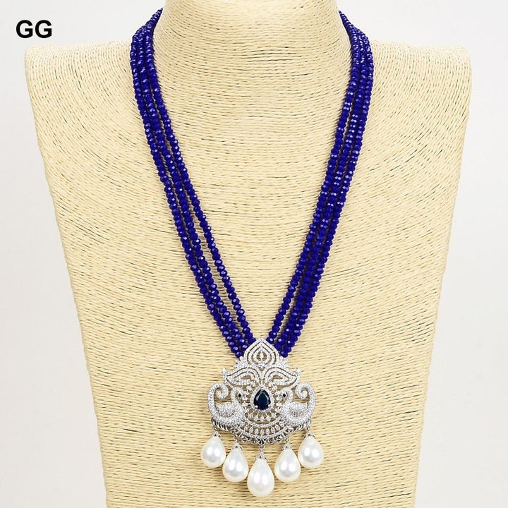 GuaiGuai Jewelry 19&quot; 3 Rows Blue Jades Necklace White Sea Shell Pearl CZ Pendant For Women - LeisFita.com
