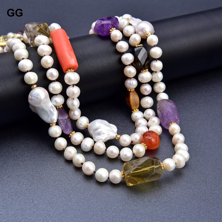 GuaiGuai Jewelry 19&quot; 3 Rows Cultured White Pearl Keshi Pearl Multi Gems Stone Necklace - LeisFita.com