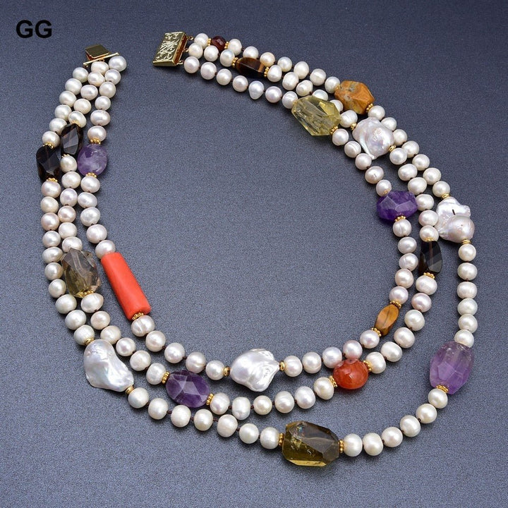 GuaiGuai Jewelry 19&quot; 3 Rows Cultured White Pearl Keshi Pearl Multi Gems Stone Necklace - LeisFita.com