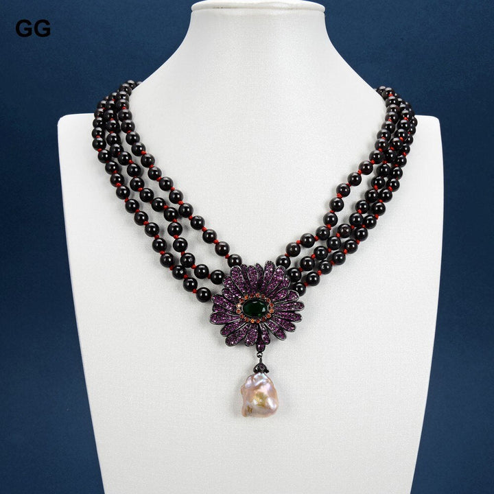 GuaiGuai Jewelry 19&quot; 3 Rows Natural Garnet Necklace White Keshi Pearl CZ Flower Pendant For Women - LeisFita.com