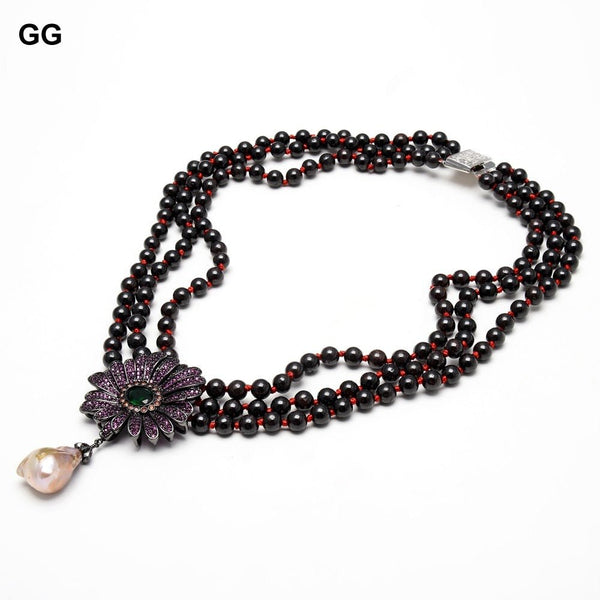 GuaiGuai Jewelry 19&quot; 3 Rows Natural Garnet Necklace White Keshi Pearl CZ Flower Pendant For Women - LeisFita.com