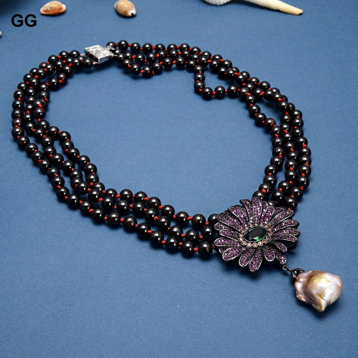 GuaiGuai Jewelry 19&quot; 3 Rows Natural Garnet Necklace White Keshi Pearl CZ Flower Pendant For Women - LeisFita.com