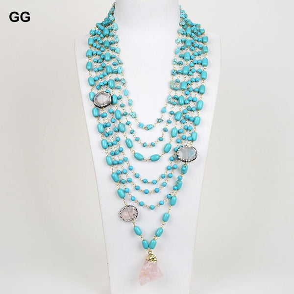 GuaiGuai Jewelry 19&quot;-31&quot; 7 Strands Blue Turquoises Gems Stone Necklace Rose Quartzs Crystal Connector - LeisFita.com