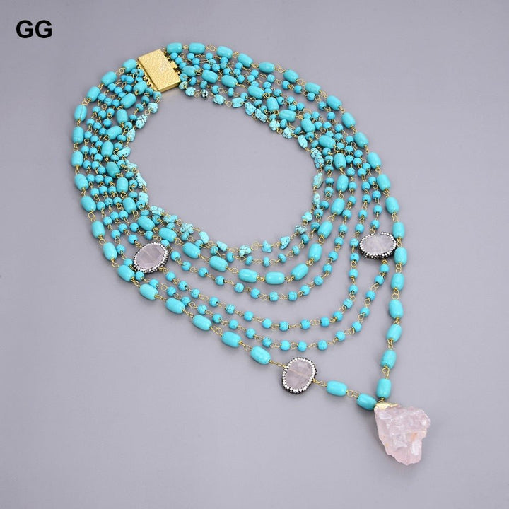 GuaiGuai Jewelry 19&quot;-31&quot; 7 Strands Blue Turquoises Gems Stone Necklace Rose Quartzs Crystal Connector - LeisFita.com