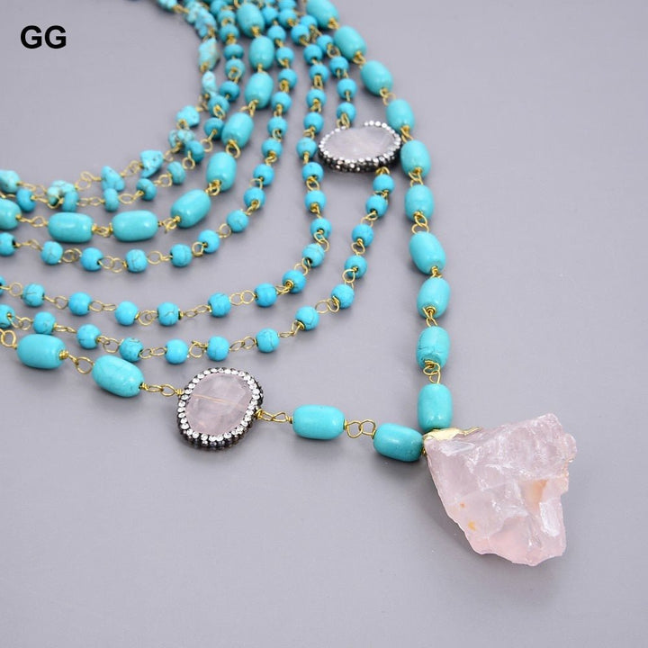 GuaiGuai Jewelry 19&quot;-31&quot; 7 Strands Blue Turquoises Gems Stone Necklace Rose Quartzs Crystal Connector - LeisFita.com