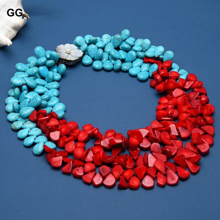 GuaiGuai Jewelry 19&quot; 3Strands Red Coral Blue Teardrop Turquoises Stone Necklace For Women - LeisFita.com
