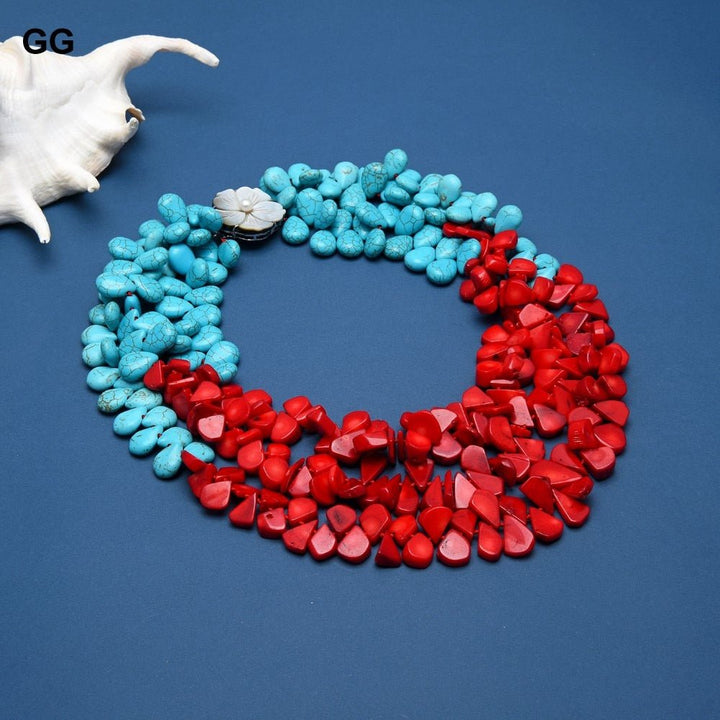 GuaiGuai Jewelry 19&quot; 3Strands Red Coral Blue Teardrop Turquoises Stone Necklace For Women - LeisFita.com