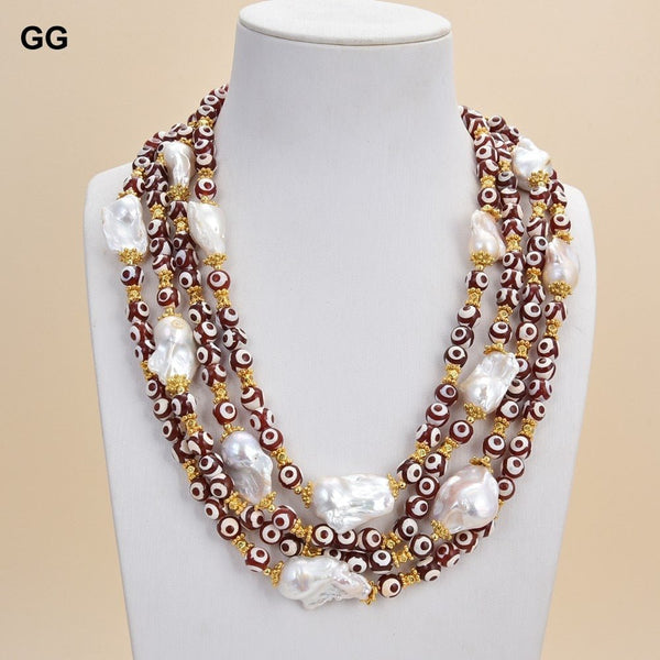 GuaiGuai Jewelry 19&quot; 4 Strands 10mm Round Red Agates Natural White Keshi Baroque Pearl Necklace For Women - LeisFita.com