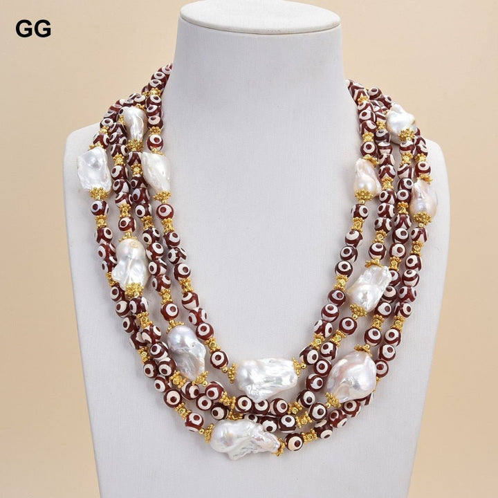 GuaiGuai Jewelry 19&quot; 4 Strands 10mm Round Red Agates Natural White Keshi Baroque Pearl Necklace For Women - LeisFita.com