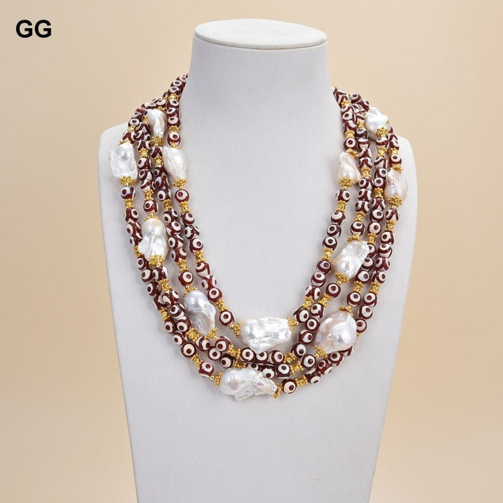 GuaiGuai Jewelry 19&quot; 4 Strands 10mm Round Red Agates Natural White Keshi Baroque Pearl Necklace For Women - LeisFita.com