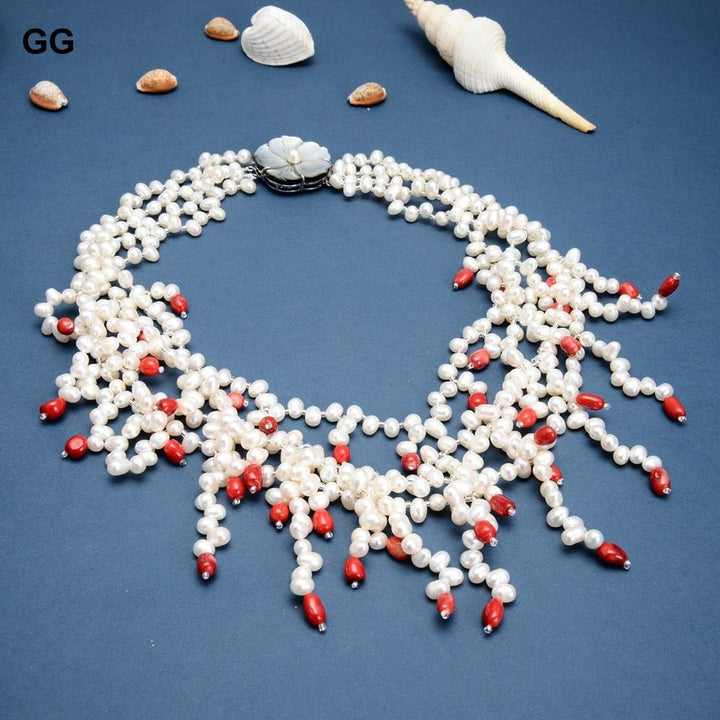 GuaiGuai Jewelry 19&quot; 4 Strands Natural White Rice Pearl Red Coral Freedom Nugget Necklace For Women - LeisFita.com