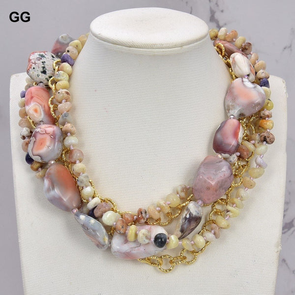 GuaiGuai Jewelry 19&quot; 5 Rows Nugget Freedom Agate Yellow Opal Real Gems Gold Color Plated Chain Necklace For Women - LeisFita.com
