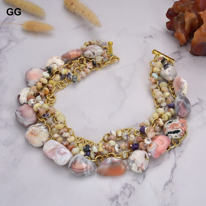GuaiGuai Jewelry 19&quot; 5 Rows Nugget Freedom Agate Yellow Opal Real Gems Gold Color Plated Chain Necklace For Women - LeisFita.com