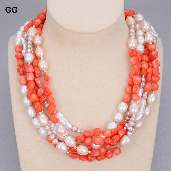 GuaiGuai Jewelry 19&quot; 5 Strands Natural White Biwa Pearl Pink Rice Purple Pearl Orange Coral Necklace For Women - LeisFita.com