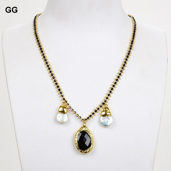 GuaiGuai Jewelry 19&quot; Black Color Crystal Chain Necklace White Keshi Pearl Onyx Pendant - LeisFita.com