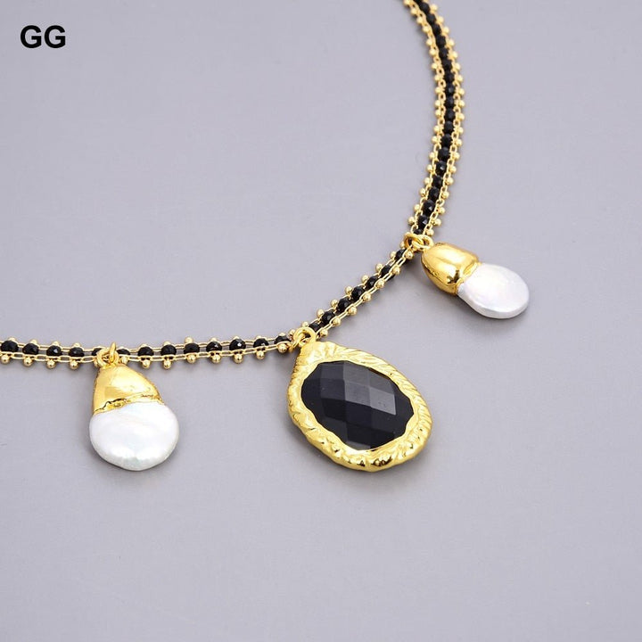 GuaiGuai Jewelry 19&quot; Black Color Crystal Chain Necklace White Keshi Pearl Onyx Pendant - LeisFita.com