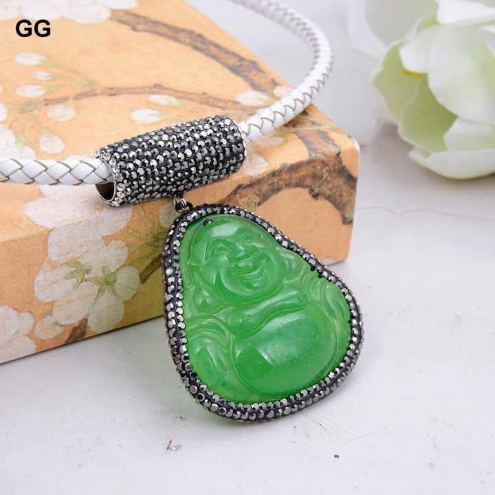 GuaiGuai Jewelry 19&quot; Green Jade Buddha Pendant White Leather Necklace - LeisFita.com