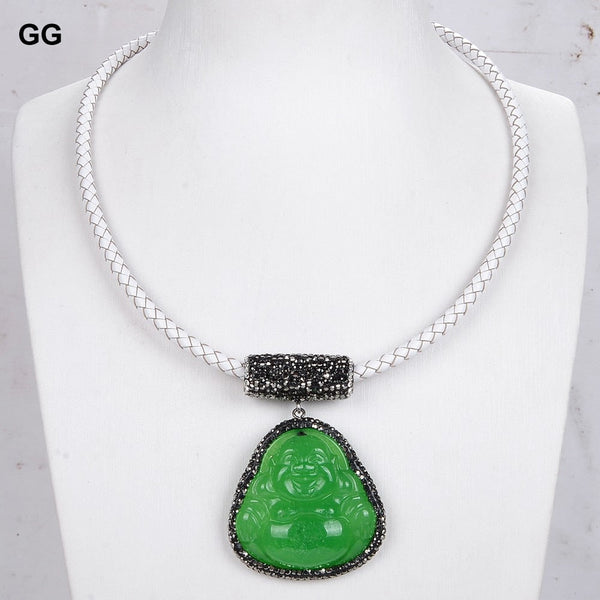 GuaiGuai Jewelry 19&quot; Green Jade Buddha Pendant White Leather Necklace - LeisFita.com