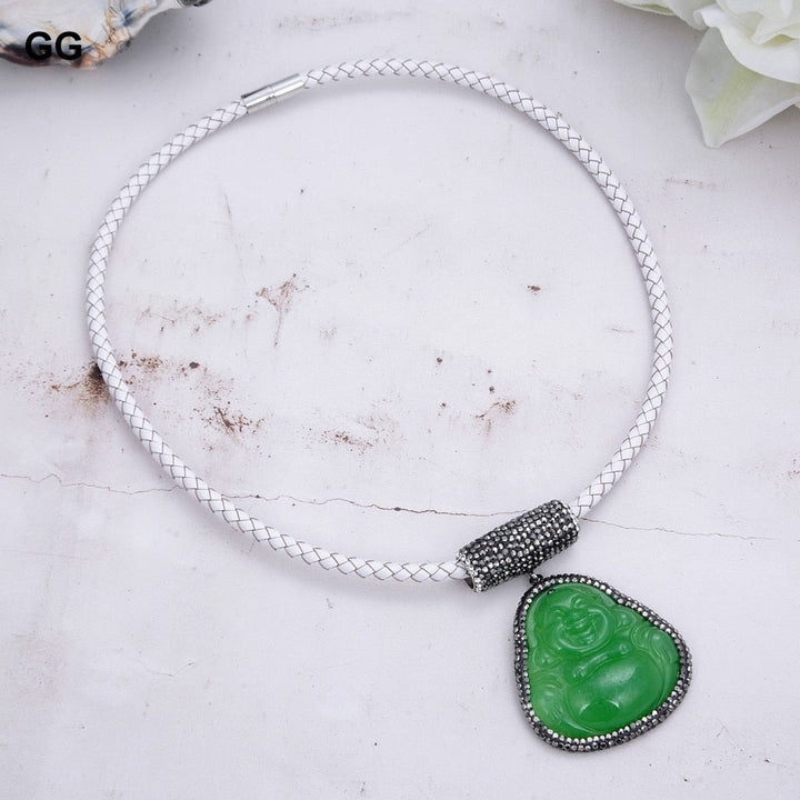 GuaiGuai Jewelry 19&quot; Green Jade Buddha Pendant White Leather Necklace - LeisFita.com